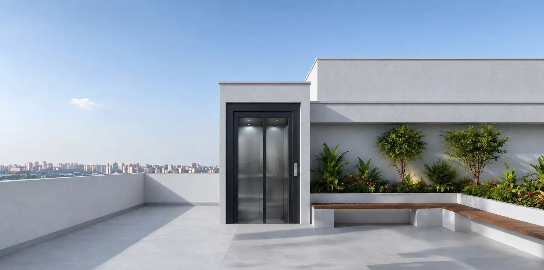 Water Tank Elevated Above Elevator Shaft Below